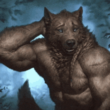 an illustration of a werewolf with blue eyes scratching his head