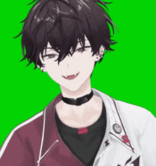 a close up of a boy with a choker on his neck