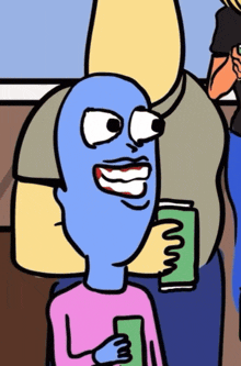 a cartoon character with a blue head is smiling and holding a green can