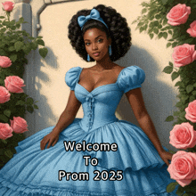 a painting of a woman in a blue dress with the words welcome to prom 2025