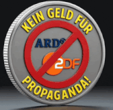 a silver coin that says " kein geld fur propaganda " on it