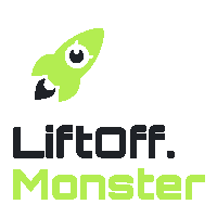 a logo for liftoff monster shows a green rocket
