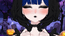 a girl with blue hair is standing in a cemetery surrounded by pumpkins