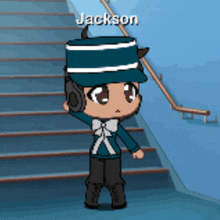 a cartoon character named jackson wearing headphones and a blue hat