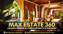 an advertisement for max estate 360 shows a living room with a pool