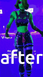 a cartoon of a woman in a green outfit with the words " after " on the bottom
