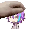 a hand is touching a cartoon character 's head with purple hair .