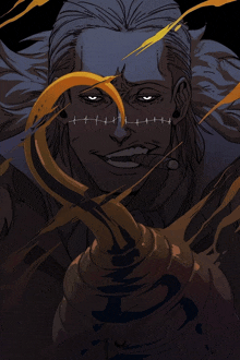 a drawing of a man with stitches on his face holding a hook