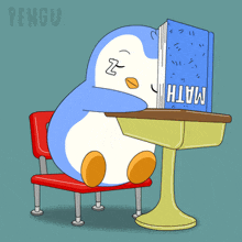 a penguin sleeping at a desk with a math book on it