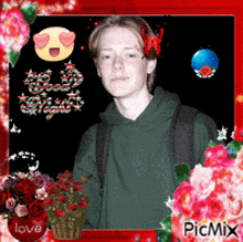 a picture of a boy in a green hoodie is surrounded by flowers
