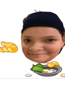 a child 's face is behind a plate of food