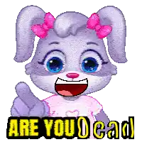 a cartoon bunny says " are you dead " while pointing her finger