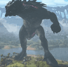 a monster is standing on a hill overlooking a lake