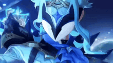 a close up of a person 's face in a video game with blue hair .