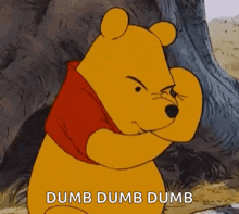 winnie the pooh is making a dumb dumb dumb face while hugging a tree .