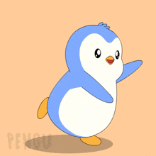 a blue and white penguin with the word penguin on the bottom right