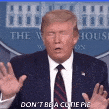 donald trump is wearing a suit and tie and making a funny face while giving a speech at the white house .