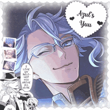a picture of a man with glasses and the words azul 's yuu above him
