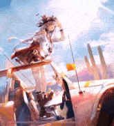 a painting of a girl standing on the hood of a vehicle
