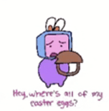 a cartoon character is holding a basket of eggs and asking where 's all of my easter eggs .