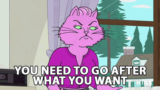 a cartoon of a pink cat saying 