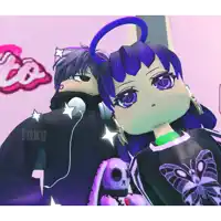 a girl with purple hair is wearing headphones next to a boy with purple hair