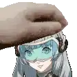 a pixel art of a girl wearing goggles and headphones being propped up by a hand .