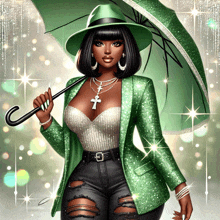 a woman in a green jacket and hat is holding an umbrella