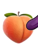 a peach with a purple eggplant sticking out of it on a white background .