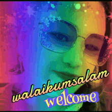 a picture of a woman wearing sunglasses with the words " walaikumsalam welcome " written below her