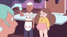 a cartoon of a man wearing an apron with a cat face