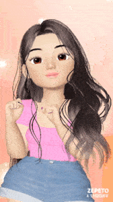 a cartoon girl in a pink top and blue shorts has the watermark zepeto 1h2g6v