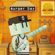 a cartoon character in a kitchen with a sign above him that says burger day