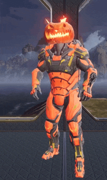 a soldier with a pumpkin on his head giving a peace sign