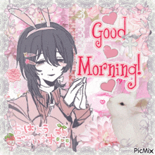 a girl with bunny ears and the words good morning