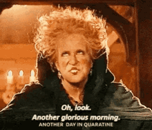 a woman with red hair is making a funny face and saying `` oh , look another glorious morning .