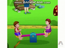 two children are playing on a seesaw in a park while a woman watches .