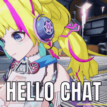 a cartoon girl with headphones and the words hello chat