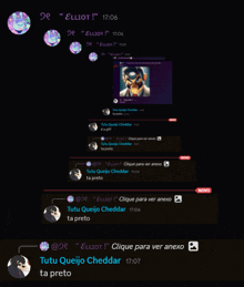 a screenshot of a chat with elliot and tutu queijo cheddar
