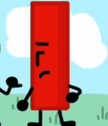 a red object with black arms and legs is standing in a field .