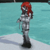 a cartoon character with red hair is standing on a snowy surface holding a gun in a video game .