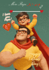 a cartoon of a man carrying a child on his shoulders with the words happy fathers day on the bottom
