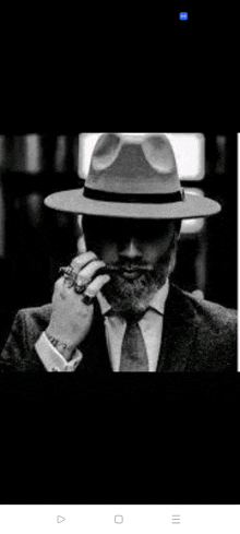 a man with a beard wearing a fedora hat and smoking a cigar .