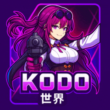 a girl with purple hair is holding a gun in front of the word kodo