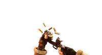a person holding a gun with bullets flying around them