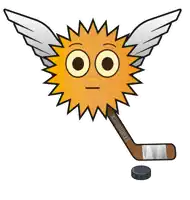 a cartoon sun with wings and a hockey stick that says danke on it