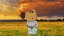 a cartoon bear is standing in a grassy field with a sunset in the background .