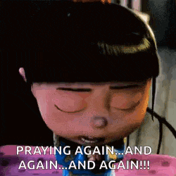 a girl from despicable me is praying again and again and again .