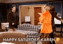 a group of people are dancing in a living room with the words `` happy saturday karen '' written on the bottom .