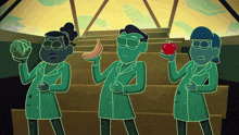 three cartoon characters are standing next to each other holding fruits